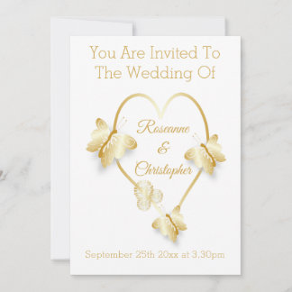 Wedding Invitation Gold Coloured Heart Butterfly Kaart