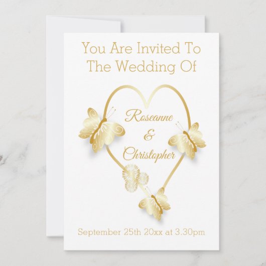 Wedding Invitation Gold Coloured Heart Butterfly Kaart (Voorkant)
