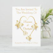 Wedding Invitation Gold Coloured Heart Butterfly Kaart (Staand voorkant)