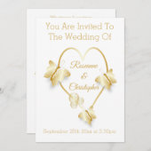 Wedding Invitation Gold Coloured Heart Butterfly Kaart (Voorkant / Achterkant)