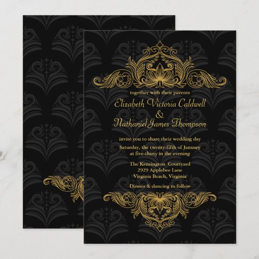Wedding Invitation  Gold filigree | zwart Kaart (Voorkant / Achterkant)
