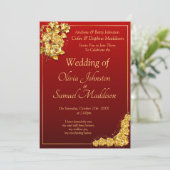 Wedding Invitation Gold Rose Flowers Maroon Red  Kaart (Staand voorkant)