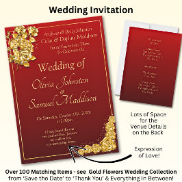Wedding Invitation Gold Rose Flowers Maroon Red  Kaart