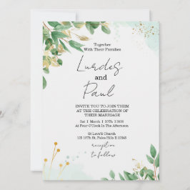  Wedding invitation  green flowers with gold Kaart