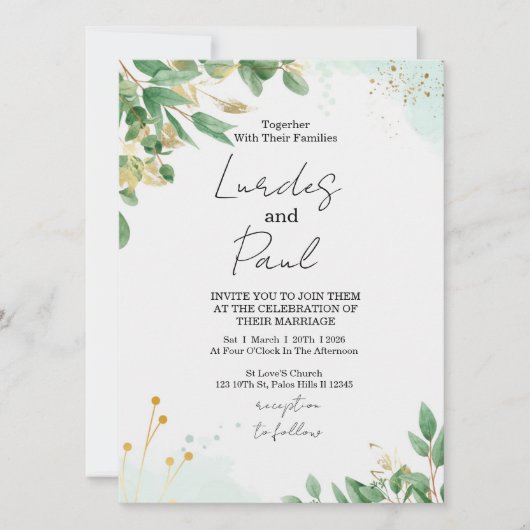 Wedding invitation green flowers with gold Kaart (Voorkant)