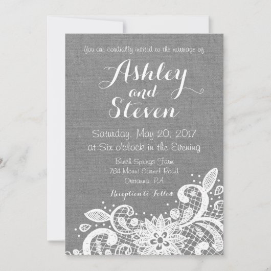 Wedding Invitation in Gray Burlap and Lace Kaart (Voorkant)