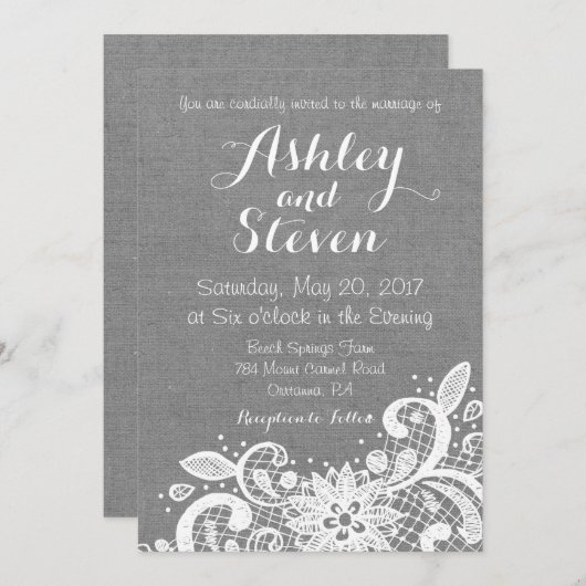 Wedding Invitation in Gray Burlap and Lace Kaart (Voorkant / Achterkant)