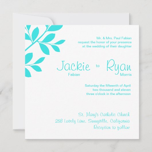 Wedding Invitation Leaf Branch Turquoise Blue Kaart (Voorkant)