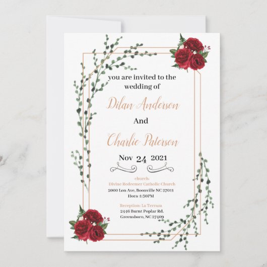 Wedding Invitation, red rose  Gold  (Voorkant)