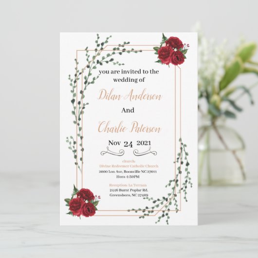 Wedding Invitation, red rose  Gold  (Staand voorkant)