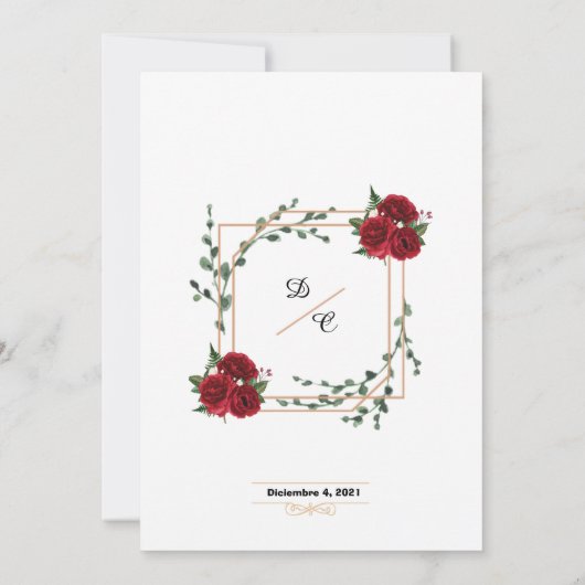Wedding Invitation, red rose  Gold  (Achterkant)