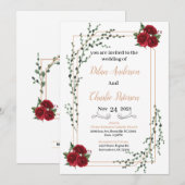 Wedding Invitation, red rose  Gold  (Voorkant / Achterkant)