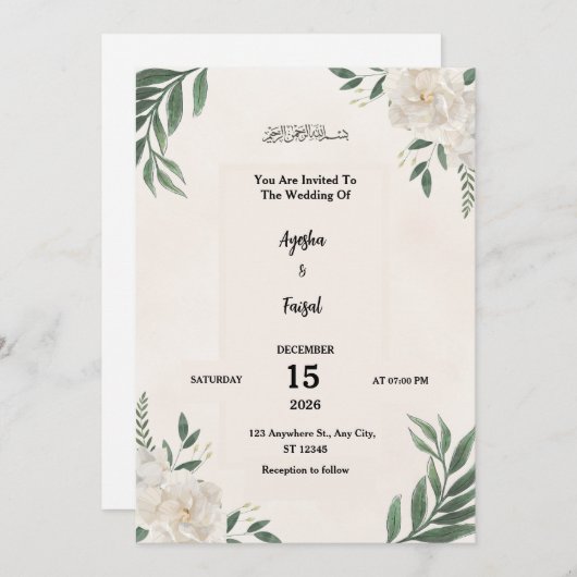 Wedding Invitation with Elegant Greenery and White Programmakaart (Voorkant / Achterkant)