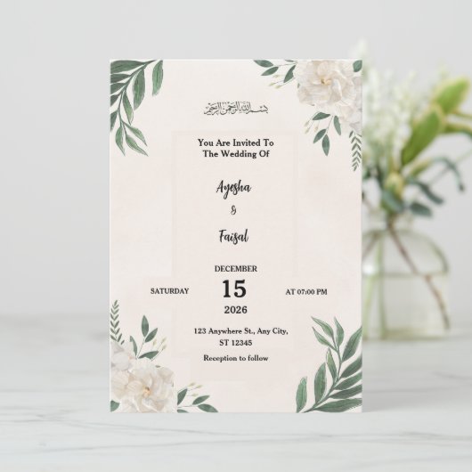 Wedding Invitation with Elegant Greenery and White Programmakaart (Staand voorkant)