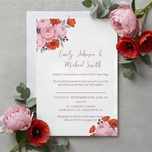 Wedding Invitation with Peonies and Poppies Kaart