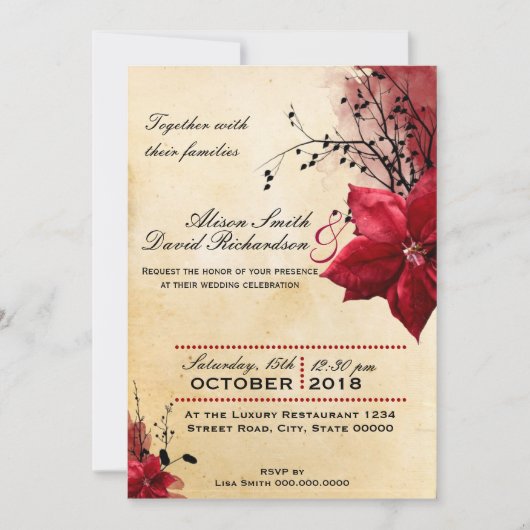 Wedding invitation with Red flowers Kaart (Voorkant)
