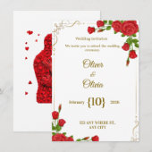 Wedding invitations adorned with red roses are in  kaart (Voorkant / Achterkant)