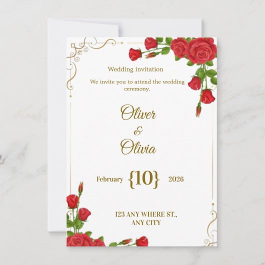 Wedding invitations adorned with red roses are in  kaart (Voorkant)