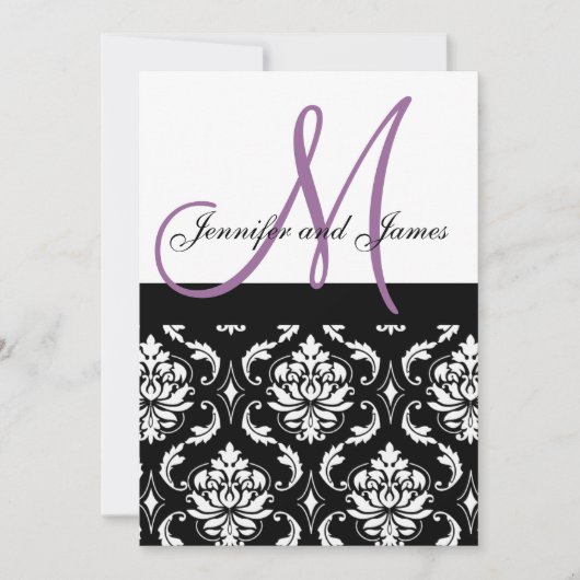 Wedding Invitations Purple Monogram Names Damask Kaart (Voorkant)