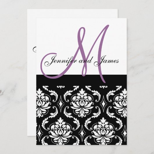 Wedding Invitations Purple Monogram Names Damask Kaart (Voorkant / Achterkant)