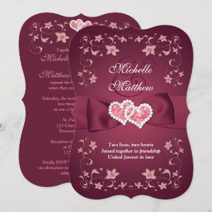 Wedding Invite 2 Burgundy, Blush Floral, Hearts Kaart