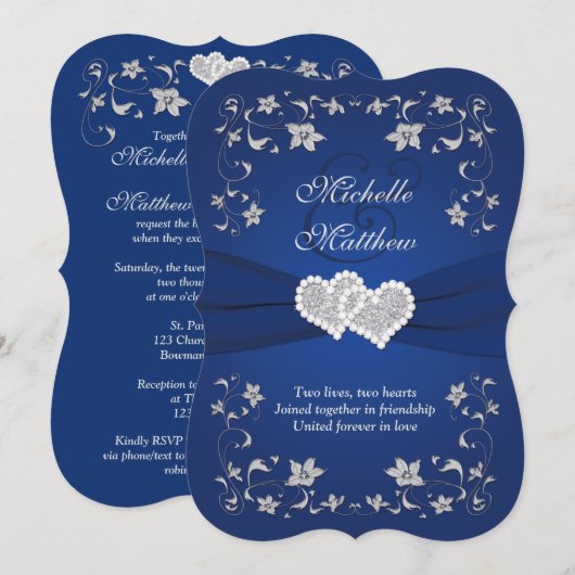 Wedding Invite 2 Royal Blue Silver, Floral, Hearts Kaart (Voorkant / Achterkant)