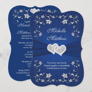 Wedding Invite 2 Royal Blue Silver, Floral, Hearts Kaart