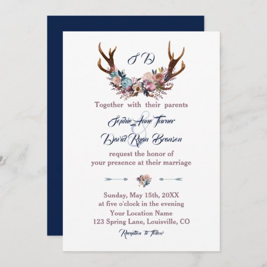 Wedding Invite | Antlers Dusty Blue Pink Floral Kaart (Voorkant / Achterkant)