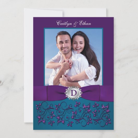 Wedding Invite | Blauwgroen, Paarse Floral | Foto Kaart (Voorkant)
