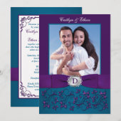 Wedding Invite | Blauwgroen, Paarse Floral | Foto Kaart (Voorkant / Achterkant)