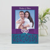 Wedding Invite | Blauwgroen, Paarse harten | Foto Kaart (Staand voorkant)