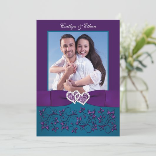 Wedding Invite | Blauwgroen, Paarse harten | Foto Kaart (Staand voorkant)