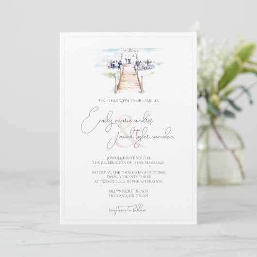 Wedding Invite - Boardwalk-ceremonie in Waterverf Kaart (Staand voorkant)