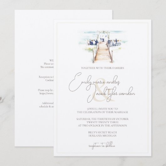 Wedding Invite - Boardwalk-ceremonie in Waterverf Kaart (Voorkant / Achterkant)