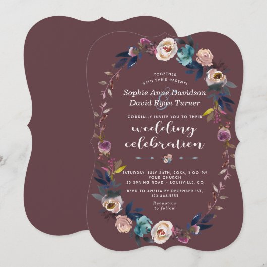 Wedding Invite | Dusty Blue Floral Wreath Maroon Kaart (Voorkant / Achterkant)