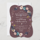 Wedding Invite | Dusty Blue Floral Wreath Maroon Kaart (Voorkant)