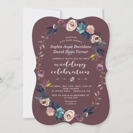 Wedding Invite | Dusty Blue Floral Wreath Maroon Kaart (Voorkant)