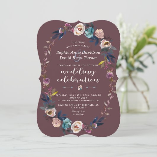 Wedding Invite | Dusty Blue Floral Wreath Maroon Kaart (Staand voorkant)