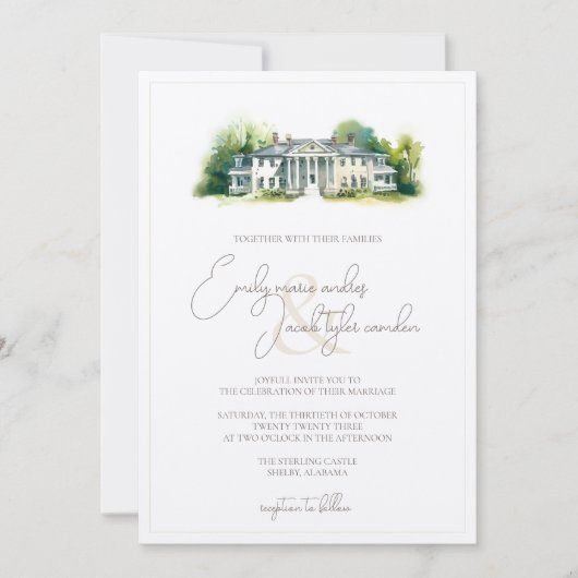 Wedding Invite - Elegant Estate in Waterverf Kaart (Voorkant)