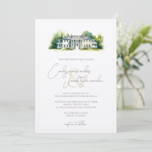 Wedding Invite - Elegant Estate in Waterverf Kaart (Staand voorkant)
