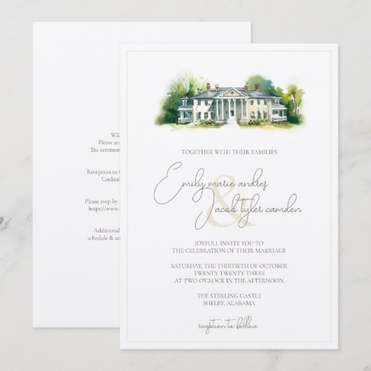 Wedding Invite - Elegant Estate in Waterverf Kaart (Voorkant / Achterkant)
