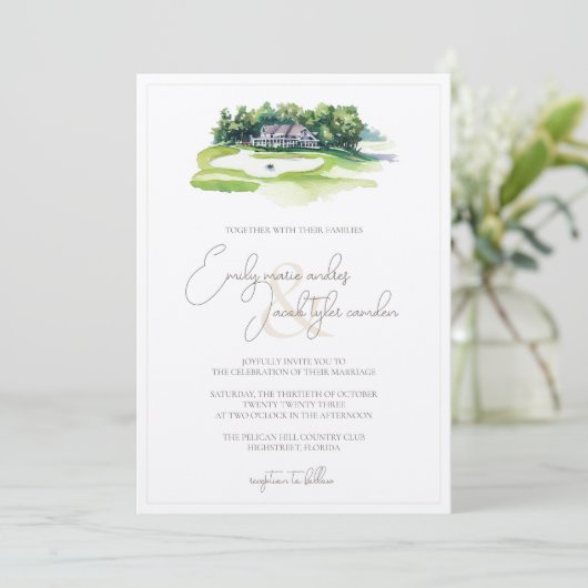 Wedding Invite - Golfcursus in Waterverf Kaart (Staand voorkant)
