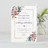 Wedding Invite | Goud-mosterdblauw-roze Floral Kaart (Staand voorkant)