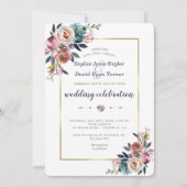 Wedding Invite | Goud-mosterdblauw-roze Floral Kaart (Voorkant)