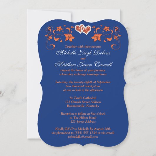 Wedding Invite | Koninklijk Blauw Sinaasappel, Flo Kaart (Achterkant)