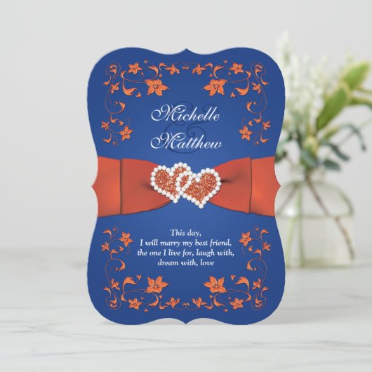 Wedding Invite | Koninklijk Blauw Sinaasappel, Flo Kaart (Staand voorkant)