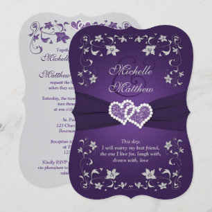 Wedding Invite   Paars, zilver, Floral, hart 2 Kaart