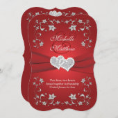 Wedding Invite | Rood, zilver, Floral, hart 2 Kaart (Voorkant / Achterkant)