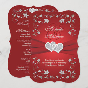 Wedding Invite   Rood, zilver, Floral, hart 2 Kaart