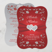 Wedding Invite | Rood, zilver, Floral, hart Kaart (Voorkant / Achterkant)